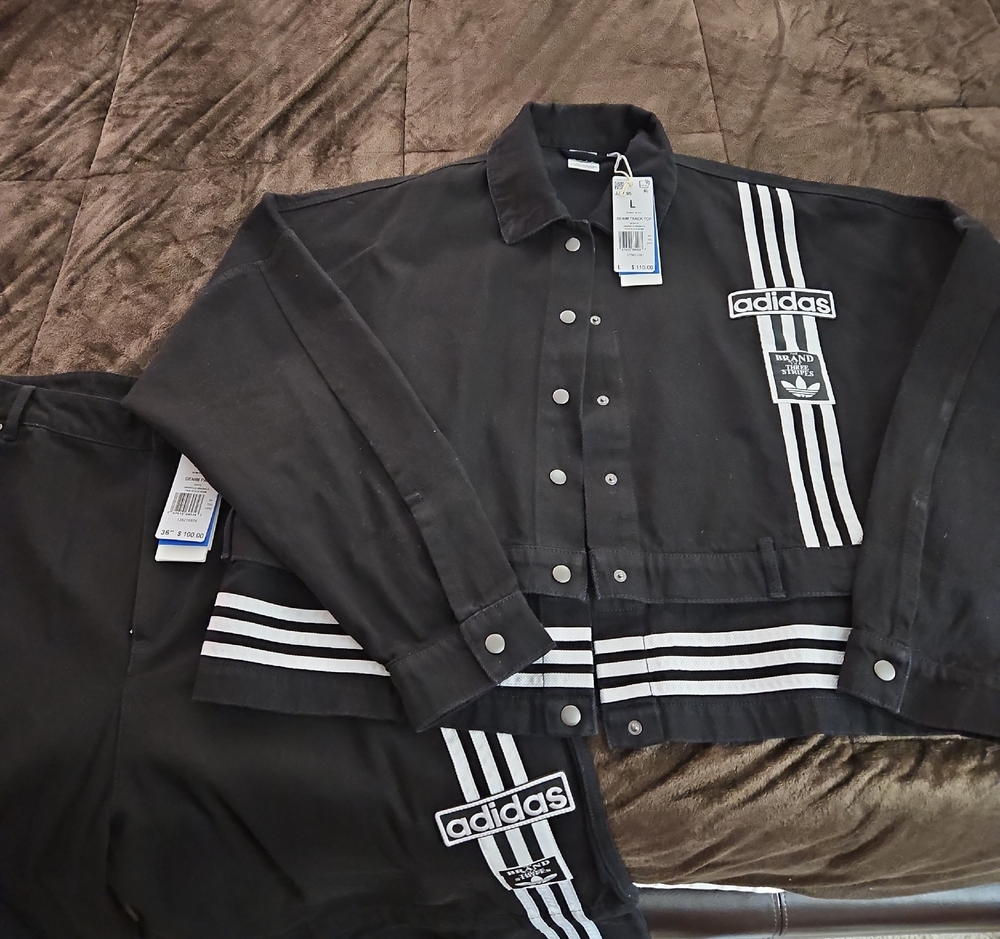 Adidas Black Jacket and Pants with White Stripes